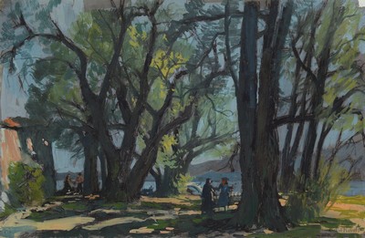 Robert Rabolt, 1899 Frankfurt/M.-1974, Starnberg, Studium an der Akademie München, hier: Personen unter Bäumen am Seeufer, Goauche auf Papier, ...