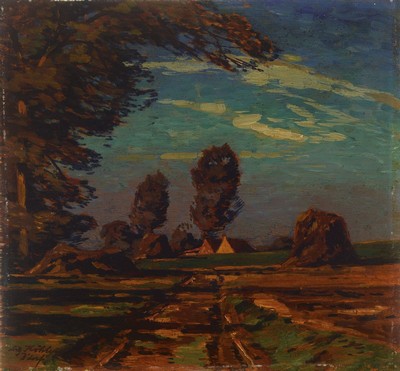 Fritz Köhler, 1887 Moritzburg-1971 Düsseldorf, Studium an der Kunstgewerbschule Weimar bei Max Thedy, hier: Nach der Ernte, Öl/Holz, links unten ...