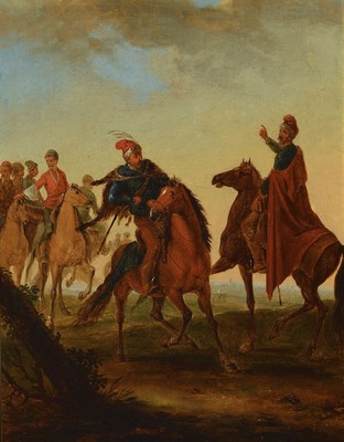 Unbekannter Künstler, 2. Hälfte 19. Jh., osmanischer Reitertrupp, Öl/Lwd, rest., doubl., ca. 36.5x27.5cm, R. ca. 56x48cm