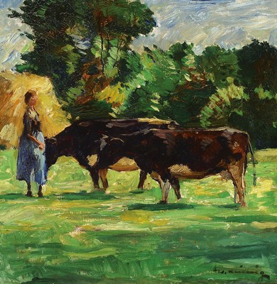 Walter Heimig, 1881 Wesel-1955 Bad Ems, Studium an der Akademie Düsseldorf bei E.v.Gebhardt und Claus Meyer, hier: Bauernmädchen mit zwei Kühen, ...