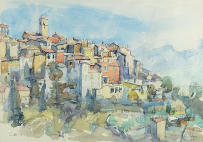 K. Wagner, datiert 1975, Ansicht von Gattières (Südfrankreich, Alpes maritimes), Aquarell über Bleistift, rechts unten sign. und dat., ca. ...