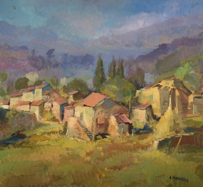 Antonio Sbrana, geb. 1934 Maremma, Studium an den Akademien Rom und Florenz, hier: Casolari in Luce, rückseitig so betitelt, Öl/Hartfaser, rechts ...