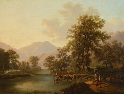 Umkreis Christian Georg Schütz, 1758 - 1823, romantische Landschaftsdarstellung in Mittelgebirgslandschaft, Öl/Lwd, im Vordergrund Hirtin mit ...
