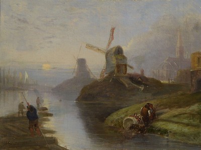 Alfred Stannard, 1806 Norwich - 1889, niederländische Landschaft im Morgengrauen, im Vordergrund arbeitende und rastende Fischer, z.T. in den ...