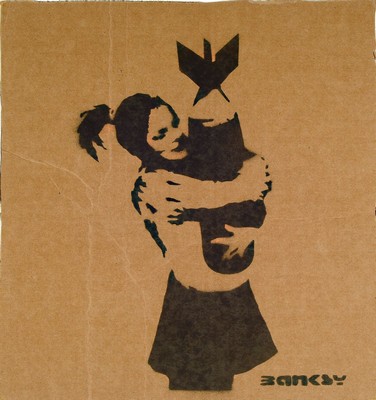 Banksy free art Dismaland, Schablonenkomposition auf Wellpappe, rückseitig bezeichnet:" Enjoy Your Free Art, Banksy is Dismal !!", 8/100, ...