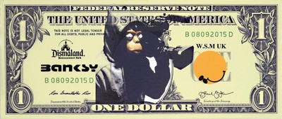 nach Banksy, "Souvenier de Dismaland", Dismal Art: Dismal Dollar Canvas, Date: August/September 2015, Location: Weston-super-Mare, ...
