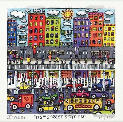 James Rizzi, 1950-2011, Titel: "125 street station, 3-D Konstruktion, handsign., num. 41/350, unter Glas gerahmt, Motiv ca. 12,5x12,5 cm, gesamt ...