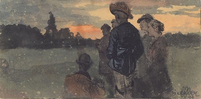 Heinrich Strieffler, 1872 Neustadt - 1949 Landau, aus der Studienzeit bei Franz Stuck,Morgendämmerung mit Figurenstaffage, Zentralgestalt in den ...