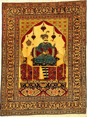 Feiner Täbriz "Bildteppich" alt (Shah Abbas I.), Nordwestpersien, um 1930, Korkwolle geknüpft auf Baumwolle. Sehr feiner Bildteppich aus ...
