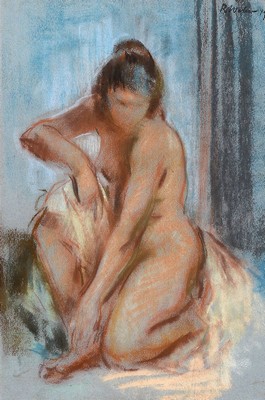 Rudolf Weber, 1912 Ravensburg - 1994 Vogt- Rohrmoos, Pastell, hockender Akt mit Tuch re. oben signiert und dat. 49, ca. 41 x 28 cm,PP., unter Glas, ...