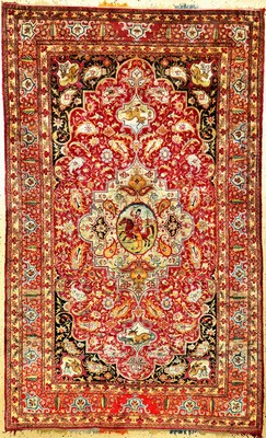 Sehr seltener feiner Yazd "Seidenteppich" antik (Haftrang Multicolor Fransen), Südpersien, 19.Jhd., reine Naturseide mit farbiger ...