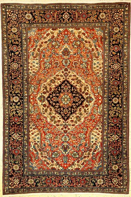 Feiner Keschan "Mohtascham" antik, Zentralpersien, Ende 19.Jhd., Korkwolle geknüpft auf Baumwolle (Bordeuxrote Seiden Schirase). ...