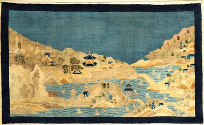 Peking "Bildteppich" alt (Chinesische See-Landschaft), Nordostchina, um 1930, Korkwolle geknüpft auf Baumwolle. Dekorativer Bildteppich ...