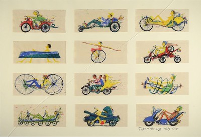 Thitz, geb. 1962 Frankfurt am Main, Tütenräder, 12 bemalte Tüten mit Fahrzeugen, Aquarelle, betitelt und signiert, ca. 98 x 64 cm, Glas Mit Sprung ...