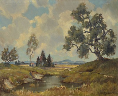 Helmut Stadelhofer, 1914 Konstanz - 1979 München, Landschaftsdarstellung Voralpenlandschaft, Moorlandschaft, signiert, ca. 65 x 80 cm, Altersspuren