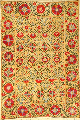 Feine Bochara "Susani" antik, Uzbekistan, 19.Jhd., Seidenstickerei auf Baumwollgewebe. Feine Seidenstickerei aus Bochara mit Blüten ...
