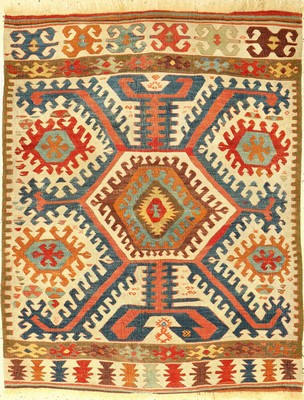 Seltener Hotamis "Kelim" antik, Zentralanatolien Konya-Region, 19.Jhd., Wolle gewebt auf Wolle. Kleinformatige Sitzunterlage der ...