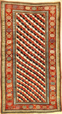 Streifen Kasak antik, Südkaukasus, Ende 19.Jhd., Wolle geknüpft auf Wolle. Südkaukasischer Long-Rug Teppich mit rot-blau und weißen ...