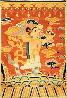 Einzigartiger Ning-Hsia "Tempelteppich" antik (Buddhistische Gottheit) "Aus der ehemaligen Sammlung von "Anton Danker" ...