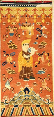 Ning-Hsia "Tempelteppich" antik (Lama Aufruf zum Gebet), Westchina, Mitte 19.Jhd., Wolle geknüpft auf Baumwolle. Seltener Tempelteppich ...