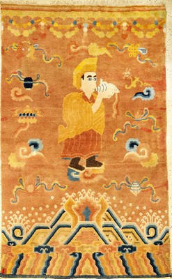 Seltener Ning-Hsia "Tempelteppich" antik (Lama Aufruf zum Gebet), Westchina, 1.Hälfte 19.Jhd., Wolle geknüpft auf Baumwolle. Rarer ...