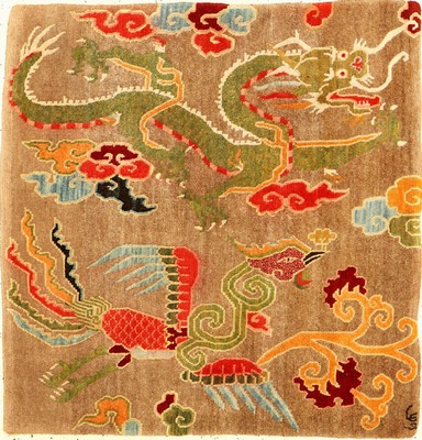 Schigatse "Jabuye" alt (Drache & Phönyx) "Signiert", Südtibet, um 1920, Wolle geknüpft auf Wolle. Seltene Jabuye wohl ...
