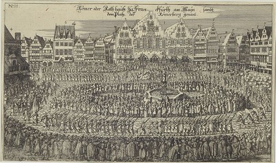 Christoph Metzger 17. Jh., Kupferstich, Römer oder Rathaus u. Franckfurth am Main sambt dem Platz der Römerberg genant, wohl Darstellung einer ...