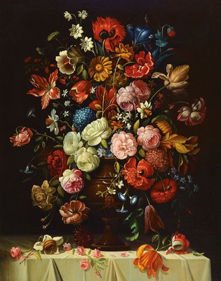 L. Suarez, spanischer Künstler, um 1830, hier: sog. Heilsbild, flämische Malerei des 16./17. Jh., Nachvollzug nach 1830, Blumenstillleben, feine ...