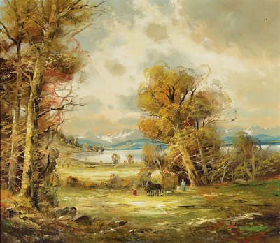 Otmar Lederer, geb. 1926 München, Heuernte an einem oberbayerischen See, Öl/Lwd, signiert, ca. 70x80cm, R. ca. 90x100cm