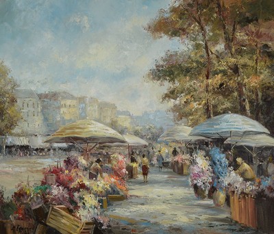 Otmar Lederer, geb. 1926 München, Blumenmarkt, wohl Viktualienmarkt München, Öl/Lwd, links unten signiert und bez. München, ca. 60x70cm, R. ca. ...