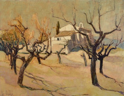 Christel Abresch, 1931 Sulzbach-2011 Neustadt/Wstr., Südliche Landschaft mit Gebäude, Öl/Lwd, links unten signiert und dat. 77, ca.070x90cm, R.