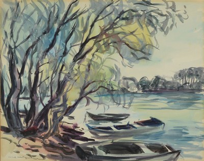Karl Hufnagel, 1906 Harthausen-1995 Speyer, Am Altrhein, Aquarell auf Papier, signiert, dat. 1972, ca. 46x59cm, PP, u.Gl., R. ca. 66x77cm