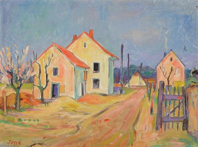Friedrich Jossé, 1897 Wolfstein-1994 Speyer, "Neubau in Speyer", so rückseitig betitelt, Öl/Malkarton, links unten signiert, ca. 45x60 ...