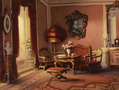 Jenö Friedlinger, geb. 1890, ungarischer Maler, Interieur, Blick in einen Salon, Öl/Lwd, rechts unten signiert, ca. 60x80cm, R. ca. 75x95cm