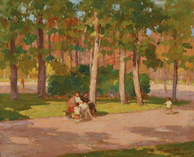 Ferenc Gaal, 1891 Debrecen-1956 Los Angeles, "Parkban", rückseitig so betitelt, Frauen und Kinder im Park, Öl/Lwd, rechts unten signiert ...