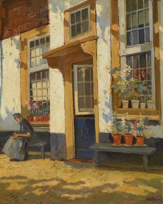 Jan Harm Weyns, 1864-1945, Frau auf der Bank vor dem Haus, rückseitig bezeichnet: Hofje Leiden, Öl/Lwd, rechts unten signiert, ca. 50x40cm, R. ca. ...