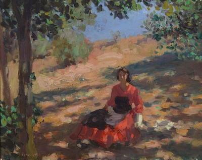 Ungarischer Maler des frühen 20. Jh., Junge Frau im Schatten eines Baumes, Öl/Lwd, links unten unleserlich signiert, ca. 38x48cm, R. ca. 50x60cm