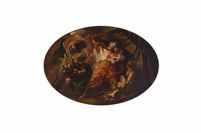 Tafelbild, England, um 1830, vielfigurige mythologische Szene, Öl/Metallplatte, unsigniert, im Oval ca. 68x98cm, R.
