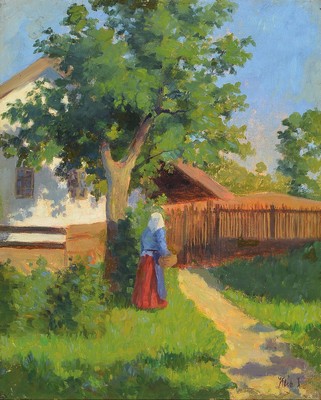 János Kléh, 1881 Máko-1919 Budapest, Frau mit Korb im Garten, Öl/Lwd, rest., rechts unten signiert, ca. 47x38cm, R. ca. 67x58cm
