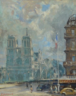 René Auguste Durieux, 1892-1952 Bordeaux, Blick auf die Kathedrale Notre-Dame in Paris, Öl/Lwd, links unten signiert, ca. 56x46cm, R. ca. 9cm ...