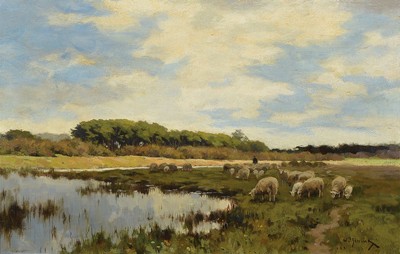 Willem Steelink II, 1856-1928 Amsterdam, Schafherde mit ihrem Hirten im Moor, Öl/Lwd, rechts unten signiert, ca. 44x66cm, R. ca. 64x86cm