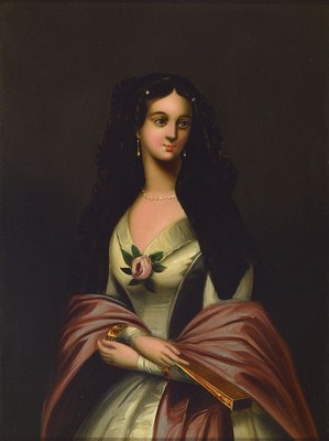 Porträtist um 1850, feines Porträt einer jungen Spanierin mit Fächer und Mantilla, Öl/Metall, feine lasierende Malerei, ca. 22x17cm, R. ca. ...