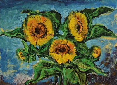 Klaus Heinrich Keller, geb. 1938 Godramstein, Stillleben mit Sonnenblumen, Öl/Lwd, sign. und dat. 65, ca. 75x55cm, R. ca. 90x70cm