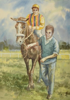 Heiner Deege, 1920-2007 Haßloch, Der Jockey Erwin Schindler zu Pferd, Aquarell, signiert und dat. 1969, ca. 68x49cm, PP, u.Gl., R. ca. 87x66cm