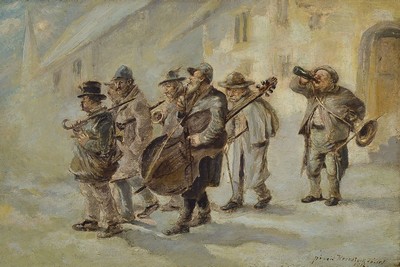 Josef Kernstock, datiert 1912, eine Gruppe Straßenmusiker, Öl/Holz, rechts unten signiert: pinxit Kernstock Josef 1912, ca. 23x36cm, R. ca. 37x48cm