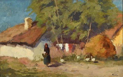 Ungarischer Maler um 1900, Auf dem Bauernhof, Öl/Lwd, rechts unten unleserlich signiert, ca. 25x39cm, ca. 12cm breiter Rahmen, dieser besch.