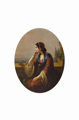 Unbekannter Künstler, um 1840-50, Junge Frau blickt sinnend über die Brüstung ins Abendrot, Öl/Lwd, rest., doubl., ovaler Bildausschnitt ca. ...