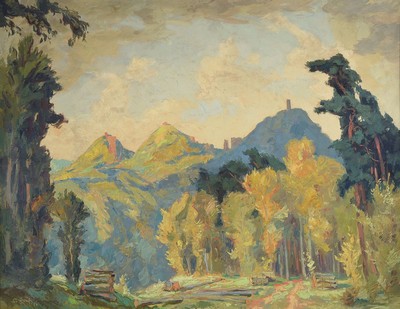 Karl Graf, 1902-1986 Speyer, Landschaft in der Südpfalz mit Trifels, Anebos und Münz, Öl/Lwd, links unten signiert und dat. 1934, ca. 77x99cm, R. ...