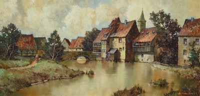 J. Hohenberger, zeitgenössischer Traditionalist, Blick auf eine Häuserreihe am Fluss, Öl/Holz, rechts unten signiert, ca. 25x50cm, R. ca. 35x60cm