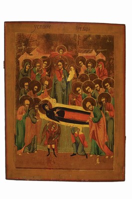 Große Ikone, Russland, um 1880, Maria entschlafen, Eitempera auf Holz, ca. 61 x 46 cm, ältere Restauration, rückseitig beschriftet